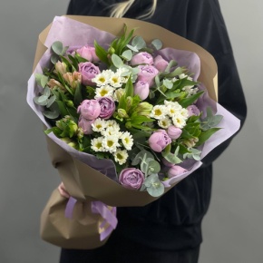 Букет "Парадайз" из кустовых пионовидных роз, альстромерий и хризантем сантини в Ногинске